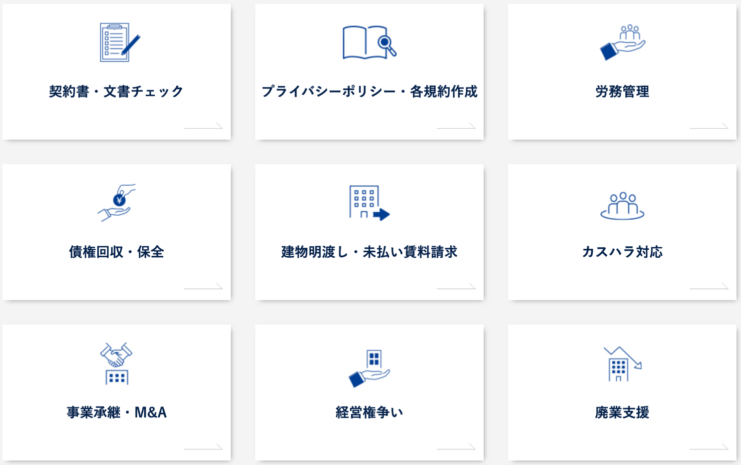 契約書・文書チェック／プライバシーポリシー・各規約作成／労務管理／債権回収・保全／建物明渡し・未払い賃料請求／カスハラ対応／事業承継・M&A／経営権争い／廃業支援