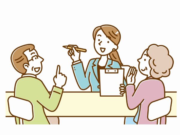 老夫婦と打合せ中のイラスト